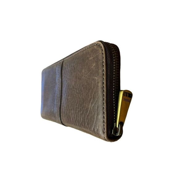 Vintage Fossil Brown Leather Organizer Clutch Wallet Clear ID Zipper Bronze - Picture 7 of 8